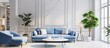 An interior design featuring a blue couch, chairs, and a coffee table in a living room. A plant adds a touch of greenery to the space