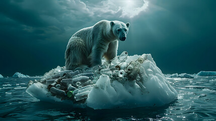 a polar bear sits atop an iceberg, surrounded by a sea of rubbish ice.