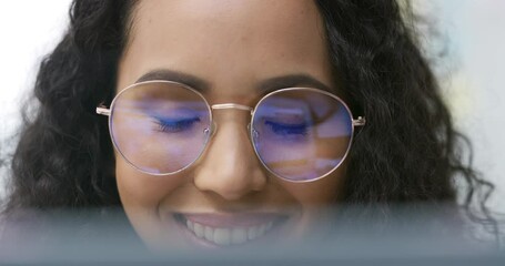 Poster - Business woman, reading on laptop and glasses for copywriting, happy editing and social media results. Young editor, blog writer or worker with vision, eye care and screen reflection of computer