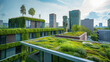 Sustainable modern housing with green rooftop gardens overlooks a vibrant city skyline, merging eco-friendly living with urban development