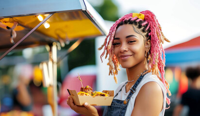 Street food festival banner. Happy young woman with pink hair holding a box.