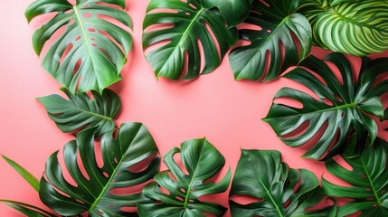 Wall Mural - Tropical Monstera Leaves on Pastel Pink Summer Background with Copy Space for Design or Banner