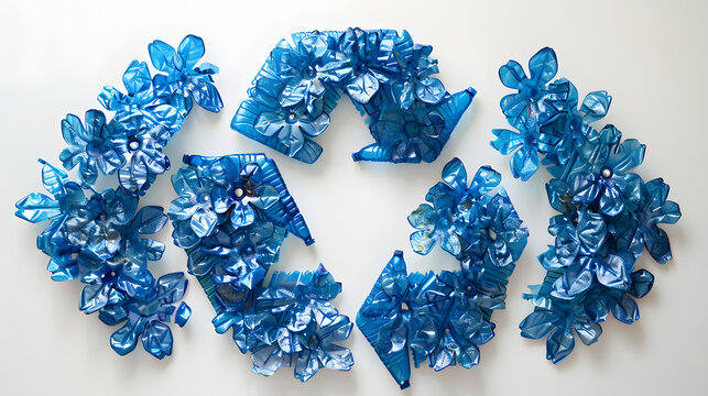 A recycle symbol made of blue plastic bottles on a white background.