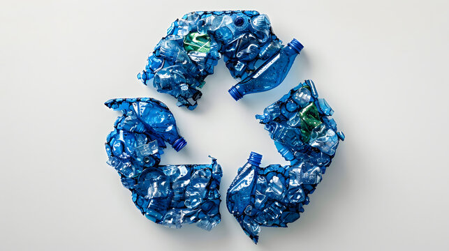 A recycle symbol made of blue plastic bottles on a white background.