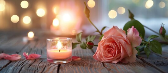 Poster - A beautiful rose and a flickering candle adorn a wooden table, creating a lovely centerpiece for a special event or a peaceful moment of flower arranging