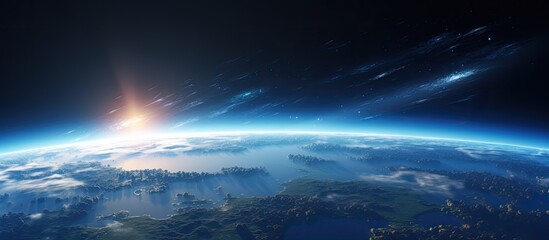 Wall Mural - A breathtaking view of Earth from space, with the sun shining through the clouds, showcasing the beauty of our worlds atmosphere and natural landscape