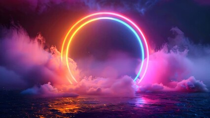 Poster - abstract composition of a neon circle and clouds or steam around