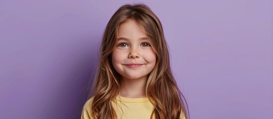 Wall Mural - A toddler with long, layered blond hair and a big smile is happily posing for the camera on a purple background, showcasing her beautiful eyelashes and cute nose