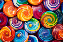 A Stock Photo Of Dozens Of Colorful Lollipops Sitting On Top Of Each Other, In The Style Of Swirling Vortexes, Bold Contrast, Rich Hues, Striated Resin Veins, Bright Luster, 