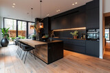 Fototapeta Krajobraz - Beautiful open plan matte black kitchen and kitchen island with dining area