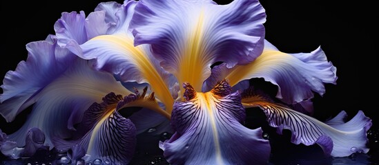 Wall Mural - A close up of a purple iris flower with a yellow center resembling a human eye on a black background, showcasing its vibrant petals under the light