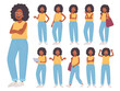Set of young African American woman character on white background. Happy black girl