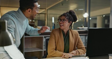 Poster - Computer, teamwork and high five with business people in office together for success or celebration. Collaboration, target or goal with excited man and woman in workplace at night for problem solving