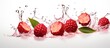 Tableware filled with raspberries splashing in water, creating a vibrant display of natural foods on a white background. A colorful and artistic event captured in a rectangular painting