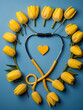 generative ai, Bunch of yellow tulips with stethoscope and heart on blue background