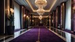 Purple themed hotel walkway with luxury carpet with stunning chandelier and polished marble floor from Generative AI