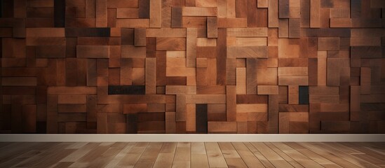 Sticker - The empty room features brown hardwood flooring and wooden walls made of rectangular planks. The wood stain highlights the natural beauty of the building material