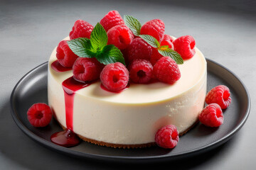 Wall Mural - Tasty raspberries cheesecake with cheesecake on a Light grey stone background.