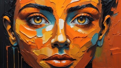 Wall Mural - Orange theme human face expressionist abstract oil pallet knife paint painting on canvas with large brush strokes modern art from Generative AI