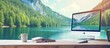 An output device is placed on a desk overlooking a serene lake, surrounded by mountains and clouds in the natural landscape. A perfect spot for leisure and travel