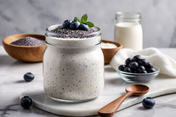 Wall Mural - Delicious chia pudding yogurt with blueberry sauce and blueberry in glass jar on a white marble table, summer dessert.