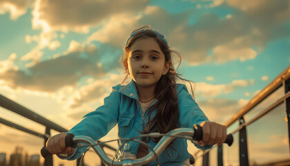 A young girl is riding a bicycle on a bridge