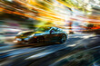 Antique retro vintage car in high speed at the road on blurred background with a spectacular rays of light, ai generated in blur art photography style,