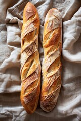 Two Freshly Baked Baguettes Lying Side by Side on a Textured Cloth