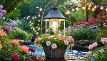 A Whimsical Hanging LED Solar Light Watering Can Lantern Inspired By Fairy Tales, Featuring A Magical Garden Fountain Design With Cascading LED Lights, Whimsical Embellishments, And Playful Details, A