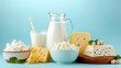 Milk and various dairy products arranged against a blue backdrop