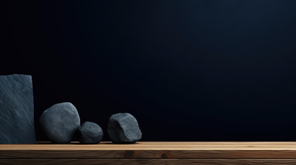 Dark navy blue stone on wooden table top, on dark abstract background from interior building banner background - can used for display or montage your products.