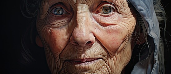 Sticker - Closeup of an elderly womans face with wrinkles on her nose and jaw, a scarf around her head, happy smile and long eyelashes. No facial hair or beard, resembles a fictional character