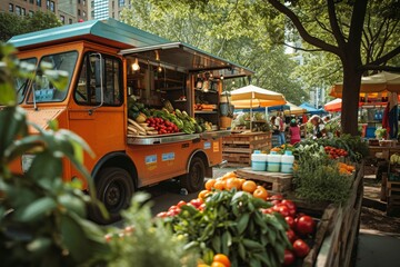 An orange food truck is parked next to a vibrant fruit stand, showcasing a colorful array of fresh produce, A food truck in a farmerâ€™s market setting, AI Generated