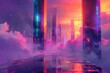 A city of the future sits amidst a backdrop of billowing clouds, with vibrant neon lights illuminating its sleek architecture, A futuristic, abstract apocalypse of neon colors, AI Generated