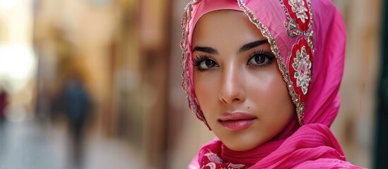 Canvas Print - A woman with magenta headgear and matching sari gazes happily at the camera, showcasing her beautifully shaped eyebrows, mesmerizing eyes, and delicate eyelashes