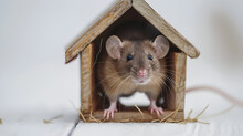 Close Up Of A Brown Mouse In A Wooden Birdhouse With Sawdust,Rat In The House.Muzzle Of A Gray Rat. The Mouse Looks In A Round Hole .
