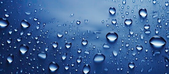 Sticker - A multitude of liquid droplets rest on an azure surface, resembling a drizzle or dew. The electric blue hue of the water drops adds a touch of vibrancy