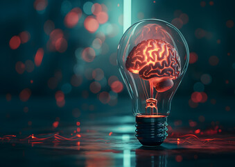 Wall Mural - Illuminating Human Brilliance: Conceptual Brain Light Bulb on Dark Background