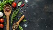 A colorful collection of spices and herbs displayed on spoons on black table background