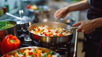 Wall Mural - preparing delicious rice and veggies on the burner in the kitchen.