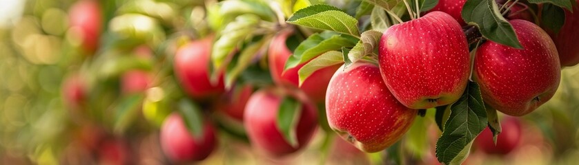 A lush apple orchard with ripe red apples hanging from the branches, generative AI