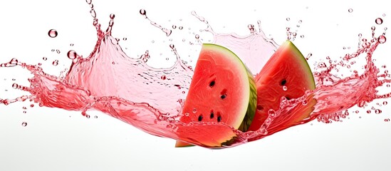 Wall Mural - Two slices of Citrullus lanatus, commonly known as watermelon, are falling into a pool of liquid. The refreshing fruit is a key ingredient in many recipes