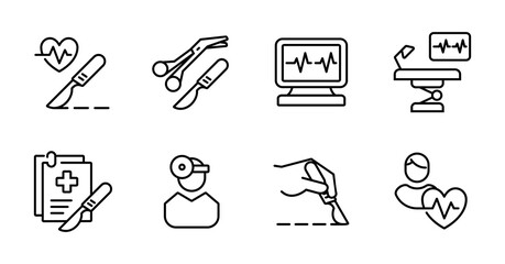 medical surgery operation icon set health care disease treatment surgery knife tool vector line illustration for web and app