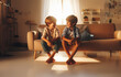 zwei Jungen Heranwachsende sitzen fröhlich lächelnd zueinander gewandt gemütlich barfuß auf einer Couch nebeneinander in hellem Licht der goldenen Stunde Wohnzimmer Freizeit Hobby gemeinsam genießen