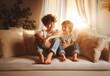 zwei Jungen Heranwachsende sitzen fröhlich lächelnd zueinander gewandt gemütlich barfuß auf einer Couch nebeneinander in hellem Licht der goldenen Stunde Wohnzimmer Freizeit Hobby gemeinsam genießen