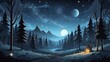 Gray theme forest at night with starry night sky kids illustration concept background quirky from Generative AI