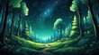 Green theme forest at night with starry night sky kids illustration concept background quirky from Generative AI