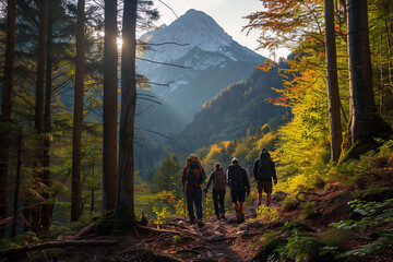 Back view of a group hiker adventure through a forest path, framed by the stunning view of a mountain.