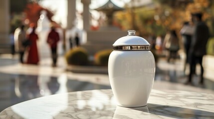 in the foreground is a white urn for ashes on the marble table at the cemetery, in the background, a solemn farewell ceremony to a loved one with people, copy space. Funeral concept. 