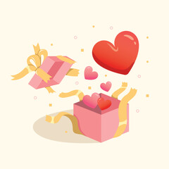 Wall Mural - Gift box with hearts and ribbon. Unbox or Opened gift box with hearts inside the box.